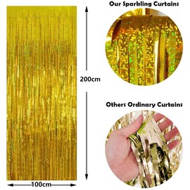 BEKOIUP Tinsel Curtain Gold 3 Pieces - 1 m x 2.5 m, Glitter Curtain Photo Wall Party, Sparkle Curtain Decoration, Foil Shimmer Tinsel Foil Fringe Curtain for Birthday, Wedding, Party Decoration