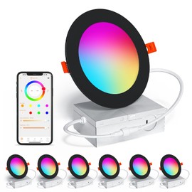 SikSog Black Smart Recessed Lighting 6 Inch RGBCW Color Changing 16W LED Downlight with Junction Box,1350 Lumen Recessed Ceiling Light Compatible with Alexa,Dimmable by Bluetooth Control -6Pack