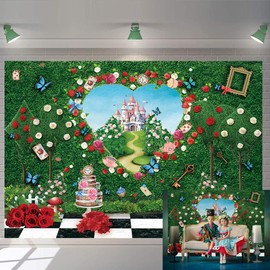 Wonderland Tea Party Backdrop Fairy Tale Castle Green Leaves Rose Wall Photography Background Princess Kids Birthday Party Baby Shower Newborn Decorations Photo Props (7X5FT (210x150cm))