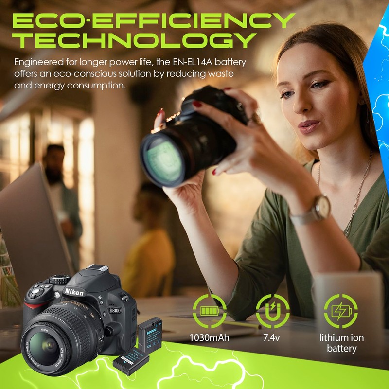 ecoEfficiency 2-Pack of EN-EL14, EN-EL14A Batteries for Nikon D3500, D3100,