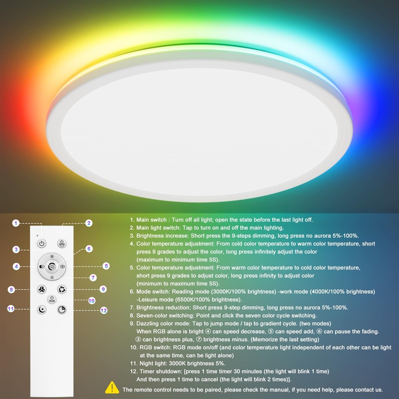 OUILA LED Ceiling Light Dimmable with Remote Control 3000K-6500K &