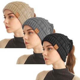 WharFlag Ponytail Toque for Women – Knitted Winter Hats Stretch Ponytail Beanie Hat Messy Bun Hat Slouchy Beanies for Women Gray