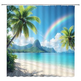 Fsfusvk Coastal Ocean Beach Shower Curtain Palm Tree Rainbow Tropical Summer Scenic Hawaii Seaside Mountain Nature Scenery Polyester Fabric Bathroom Curtain Sets Hooks 70 x 70 Inch