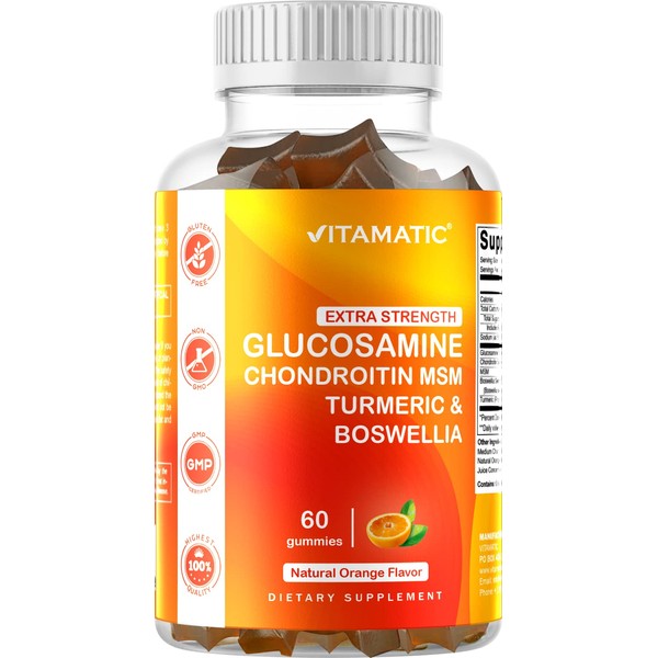 Vitamatic Extra Strength Glucosamine Chondroitin Gummies with MSM, Turmeric, & Boswellia - Joint Support - 60 Pectin Based Gummies
