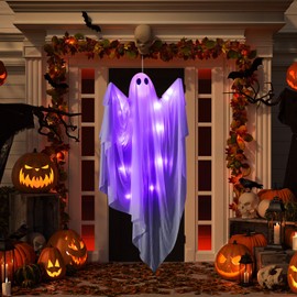 SlowTon Fantasma Colgante LED de Halloween con 3 Modos de Luz, Decoración Espeluznante de 120 cm para Exteriores, Decoración de Fantasmas Voladores con Luz para Jardín, Patio, Pórtico y Árbol (Morado)