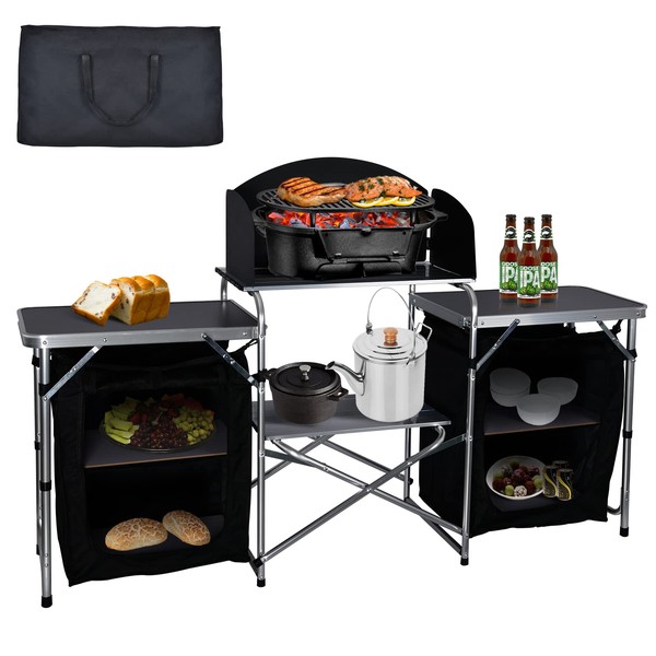 Evcitn Camping Kitchen Table with Pcinic Mat, Aluminum Portable Folding