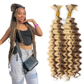 Tuheerst P4/613 Highlight Brown Boho Braids Human Hair Extension Blonde No Weft Deep Wave 50g/Bundle Total 100g Unprocessed Human Braiding Hair For Women 20 20 Inch