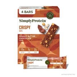 Simply Protein - Peanut Butter Chocolate Crispy Bars - Plant Based Protein Bars - Low Carb, Low Sugar, High Fiber - 13g Protein, 2g Sugar, 7g Fiber - Vegan, Gluten Free, Non GMO, Kosher - 4 Bars