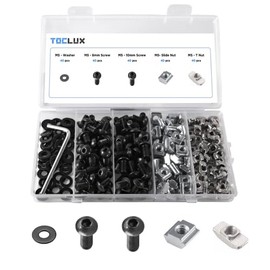 200pcs 2020 Series M5 T Nut and Black Screw Kit – Sliding & Drop-in T-Nuts, M5x8 & 10mm Black Screws, Washers, Hex Wrench – for 6mm T-Slot Aluminum Extrusion Accessories Extruded Aluminum Hardware