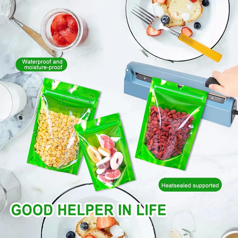 SixWeKit Green Smell Proof Mylar Bags 100 Pack, Stand Up