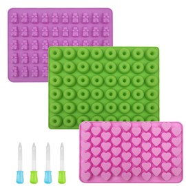 Mini moldes de silicona para caramelos de frutas, 5 moldes de silicona antiadherentes, incluyendo mini dinosaurio, forma de oso, corazones, mini dona y varias frutas, con 4 cuentagotas