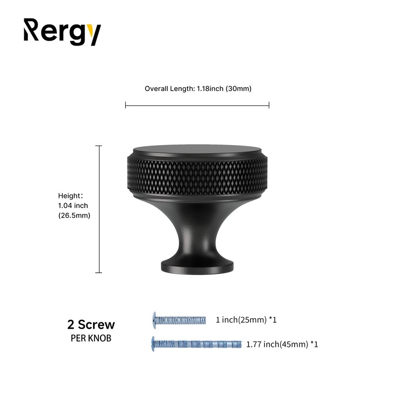 Rergy 10 Pack Knurled Matte Black Cabinet Knobs Round Kitchen