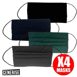 Reusable Face Mask GENERISE Double Fabric Cotton Face Mask x4 - Pleated for Extra Breathability & Comfort - Washable (Mixed Colours)