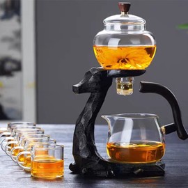 Mozeo Heat-resistant Kungfu Glass Tea Set with Heater Attract Water Diversion Rotating Cover Bowl Lazy Semi-Automatic Deer Glass Teapot (Black deer single)