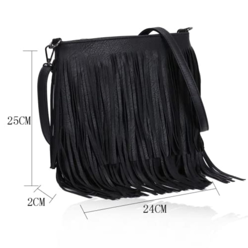 kukubird Crossbody Bags Tassel Fringe Zipper Closure Faux Leather Medium