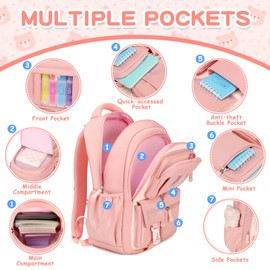 PIG PIG GIRL Kids Backpack for Girls School Bags for Middle School Students Book Bag for Elementary Primary School Kawaii Ita Backpack, Pink and Beige