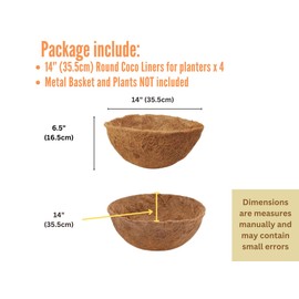 Maxona 14 inch 4 Pack Trough Round Coco Coir Liner for Wall Hanging Planter -Thick Circle Coconut Coir for Plant Flower Pot Holder Support The Soil Replacement, Pre-Formed Fiber Husk, Garden Balcony