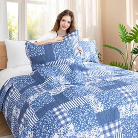 ROMROL Quilt Set Queen Size Floral Quilt Bedding Set 3 Pieces Quilted Bedspread Lightweight Coverlet Set Garden Patchwork Style Soft Reversible Quilted Sets with 2 Pillow Shams for All Season