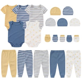 MAMIMAKA Newborn Layette Gift Set 20-Piece Cotton Baby Boy Clothes Essentials and Accessories(Bodysuits + Pants + Caps + Mittens)