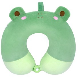 JEROKUMI Memory Foam Kids Travel Pillow, Cute Frog Kids Neck Pillow for Traveling, Cartoon Animal U Shaped Pillow for Kids Airplane Travel,Long Road,Neck Chin Support