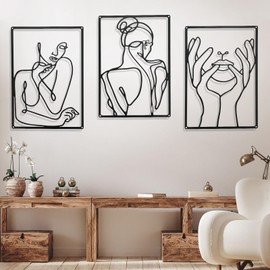3 Pieces 35*25cm Metal Wall Decor, Abstract Woman Wall Art, Modern Minimalist Wall Decor, Black Line Wall Sculpture, Female Silhouette Wall Hanging Decorations for Bedroom Kitchen Bathroom Living Room