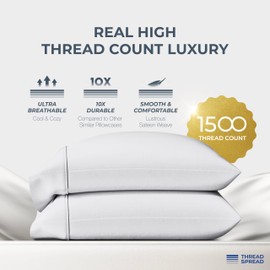 Thread Spread 100% Egyptian Cotton Pillow Cases Standard/Queen Size Set of 2 - Luxury 1500 Thread Count Sateen White Pillow Cases, Silky Soft Cotton Pillowcases Fits Standard & Queen Size Pillows