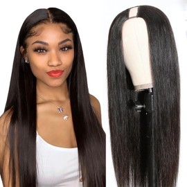 Glowig U Part Human Hair Wig Straight for Women Brazilian Remy Glueless V Part Wig Human Hair Beginner Friendly 200% Density Natural Color 26Inch