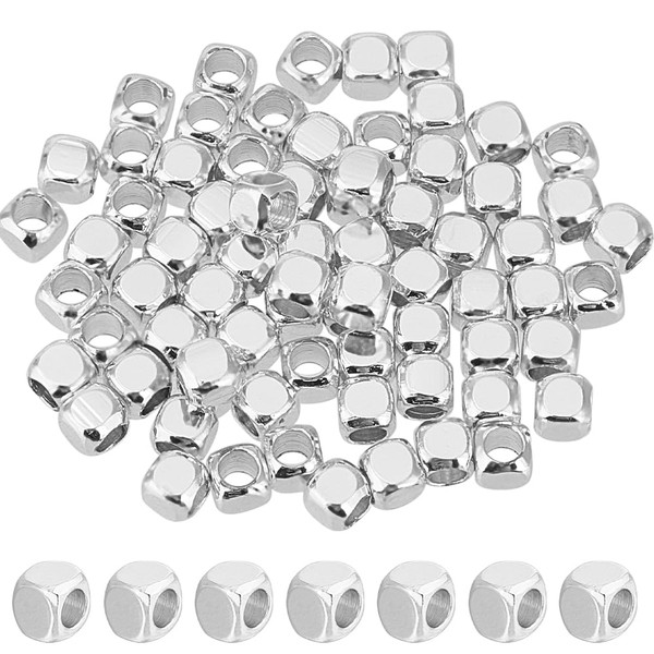 CREATCABIN 100Pcs Small Cube Spacer Beads Silver Beads Square Tiny