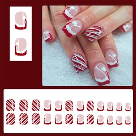 24Pcs Christmas French Tips Press On Nails Short Square Fake Nails Christmas Hat Design Christmas Candy Acrylic Nails Glossy Full Cover Glitter Stripe Candy Stick on Nails for Women and Girls Manicure