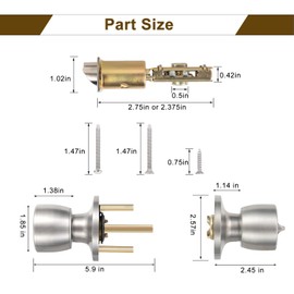 Privacy Door Knob with Lock, Interior Door Knob for Bedroom and Bathroom, Keyless Doorknob with Round Ball, Satin Nickel Door Knob Lock, Interior Door Handle
