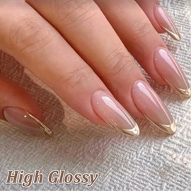 False Nails French Tip - 24pcs Nude Gold Edge Press on Nails Almond - High Glossy Short Oval Fake Nails with Glue - Full Cover Acrylic Stick on nails Gold nails for Women French Nail Art