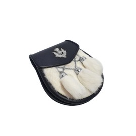 New White Rabbit Fur Kilt Sporran With 3 Rabbit tassels Formal Seal Skin Thistle Crest Antique Silver CROWM Tassels Sporran