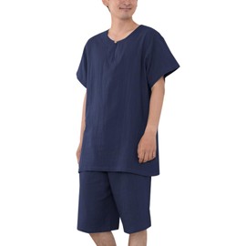 Bellilove Men's Pajamas, Short Sleeve, Summer, 100% Cotton, Double Gauze, Top and Bottom Set, Sleepwear, Loungewear, Loungewear, Shorts, Loose, Large Size, Father's Day Gift, Present, navy