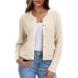 ANRABESS Women Cardigan Sweater Dressy Casual Classic Long Sleeve Crew Neck Button Down Tweed Knit Jacket 2025 Fall Outfits Beige M