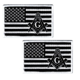 2pcs American Flag Masonic Embroidered USA Square Compass Iron On Sew On Patch for Jacket, Jeans and Vest