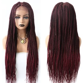 RESHE Box Braided Wigs For Black Women Synthetic Box Braided Wig Knotless HD Lace Braided Wigs Natural Black Cornrow Twist Braids Hair Wigs Hand Braided Wigs With Baby Hair Synthetic Wig (#T1B/BUG)