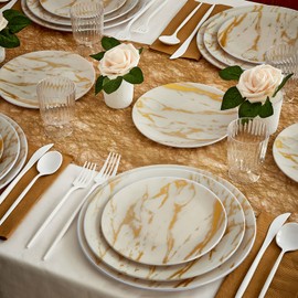 Marble Design Disposable Dinner Plates For Party (10 Pc) Heavy Duty Disposable Dinner Set 10.25”, Fine Dining Plastic Dishes For Elegant China Look, for Upscale Wedding, Dining & Servings - White/Gold