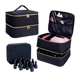 UOZL - Bolsa de almacenamiento de esmalte de uñas, bolsa de almacenamiento de cosméticos de doble capa con particiones ajustables para almacenar esmalte de uñas, lámparas de manicura, herramientas de manicura, aceites esenciales y viajes, color negro, Ne