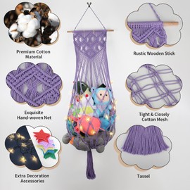 Stuffed Animal Storage Net, 63’’ Jumbo Stuffed Animal Hammock Corner Wall Ceiling Over Door Hanging Toy Hammock Organizer, Purple Boho Macrame Plushie Toy Net w/ LED Lights for Baby Boys Girls Gift