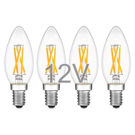 TOKCON 12 Volt Low Voltage LED Candelabra Light Bulbs - Soft Warm White 2700K 4W(Only for 12V DC/AC) - E12 Small Base - 40W Equivalent Dimmable Torpedo Candle Bulb for RV, Landscape- 4 Pack