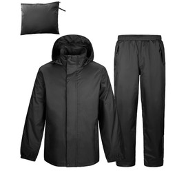 Outdoor Ventures Men's Packable Rain Suit Heavyweight Rainwear Waterproof Jacket and Trouser Set for Riding Hiking Fishing Camping Black M