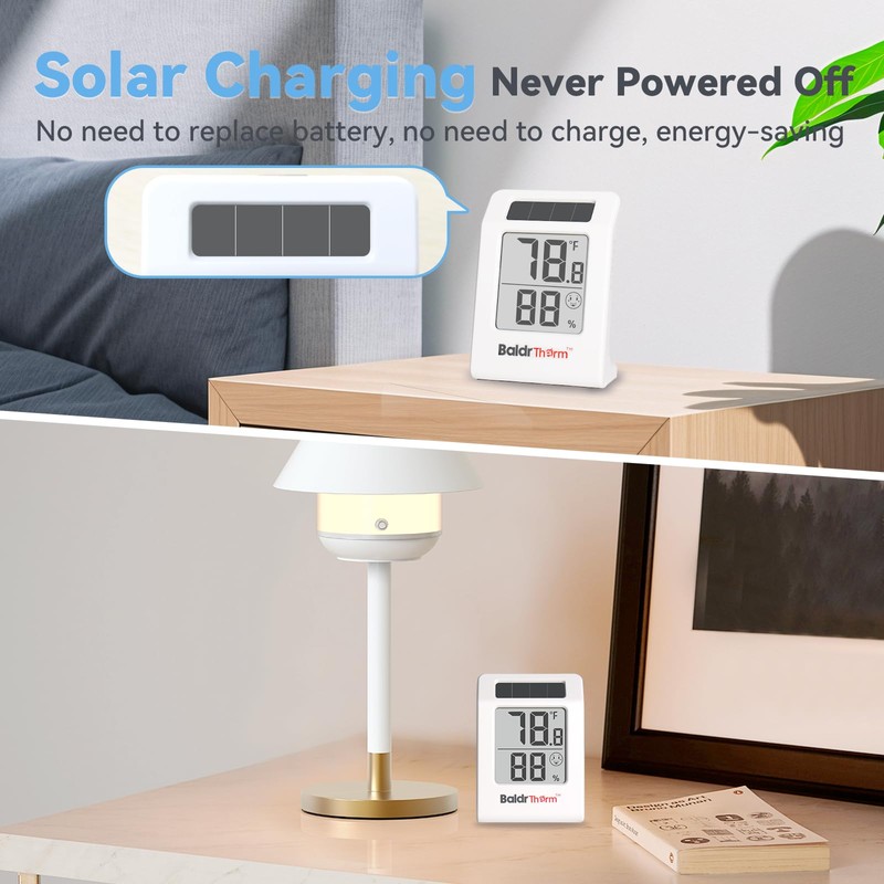 BaldrTherm Humidity Meter Hygrometer, Solar-Powered Room Thermometer Indoor Digital Temperature