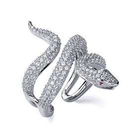 Sterling Silver Statement Ring Healing Protection Snake CZ Pave Adjustable Open Ring 34mm, 7