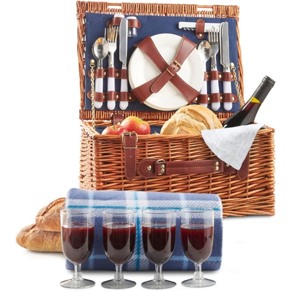 BARGAINS-GALORE NEW 4 PERSON HAMPER BASKET WICKER FAMILY PICNIC HOLDER FOOD CUTLERY SET BLANKET GLASSES | COMPLETE PICNIC ACCESSORIES FOR CAMPING AND OUTDOOR PARTY