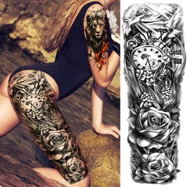 20 Sheets Super Large Colored Wolf Fox Full Arm Temporary Tattoos For Women Girls Thigh, Nun Prayer Eye Totem Clock Sleeve Tattoos For Adults, Tribal 3D Waterproof Fake Tattoo Stickers Red Rose Flower