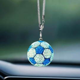 Bling Football Rear View Mirror Accessories, Cute Soccer Car Accessories for Women/Men, Sparkling Rhinestones Car Decorations Rearview Mirror Charms
