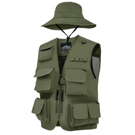Shihanee 2 Pcs Fishing Vest and Hat for Men Multi Pocket Safari Vest Jacket for Outdoor Work Summer Travel Cargo Hunting(Army Green,XXL)