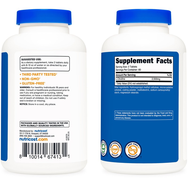 Nutricost L-Citrulline 2500mg Per Serving, 60 Servings, 1250mg Per Tablet,