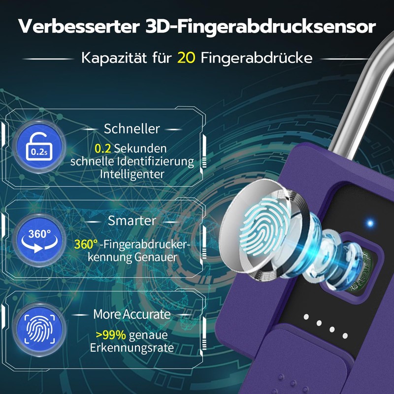 Padlock Fingerprint, Anweller Padlock, Lock with Key, Padlock Weatherproof, Fingerprint