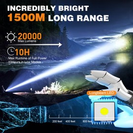 Small Tactical Flashlights 20000 High Lumens - 1500 Meters Long Beam Super Bright LED Magnetic Flashlight USB Rechargeable Zoomable 5Modes Long Beam Spotlight Flashlight for Hiking, Camping-Red